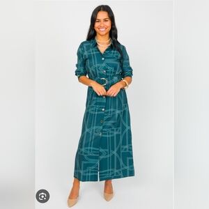 Zara Teal Long Sleeve Patterned Dress